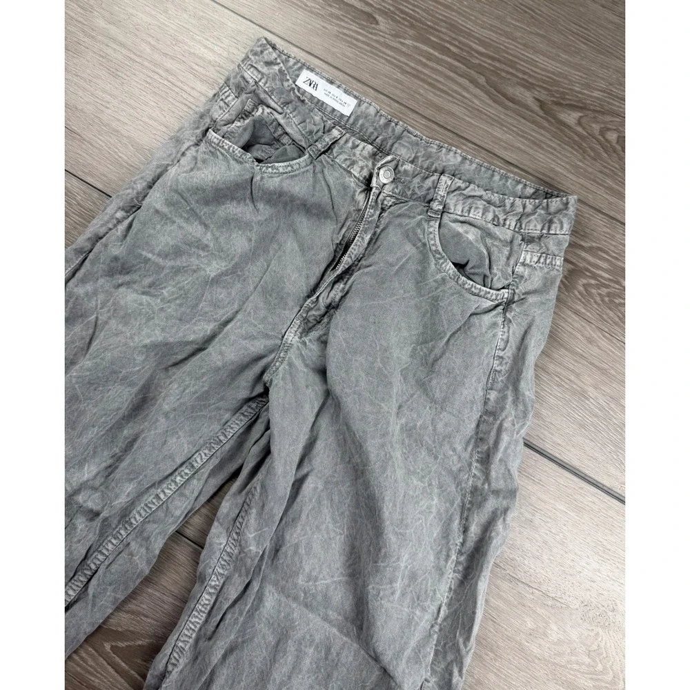 Zara Women Pants Lyocell Linen Blend Wide Leg Acid Wash Grey 6